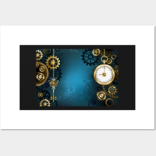 Turquoise Background with Gears ( Steampunk ) Posters and Art